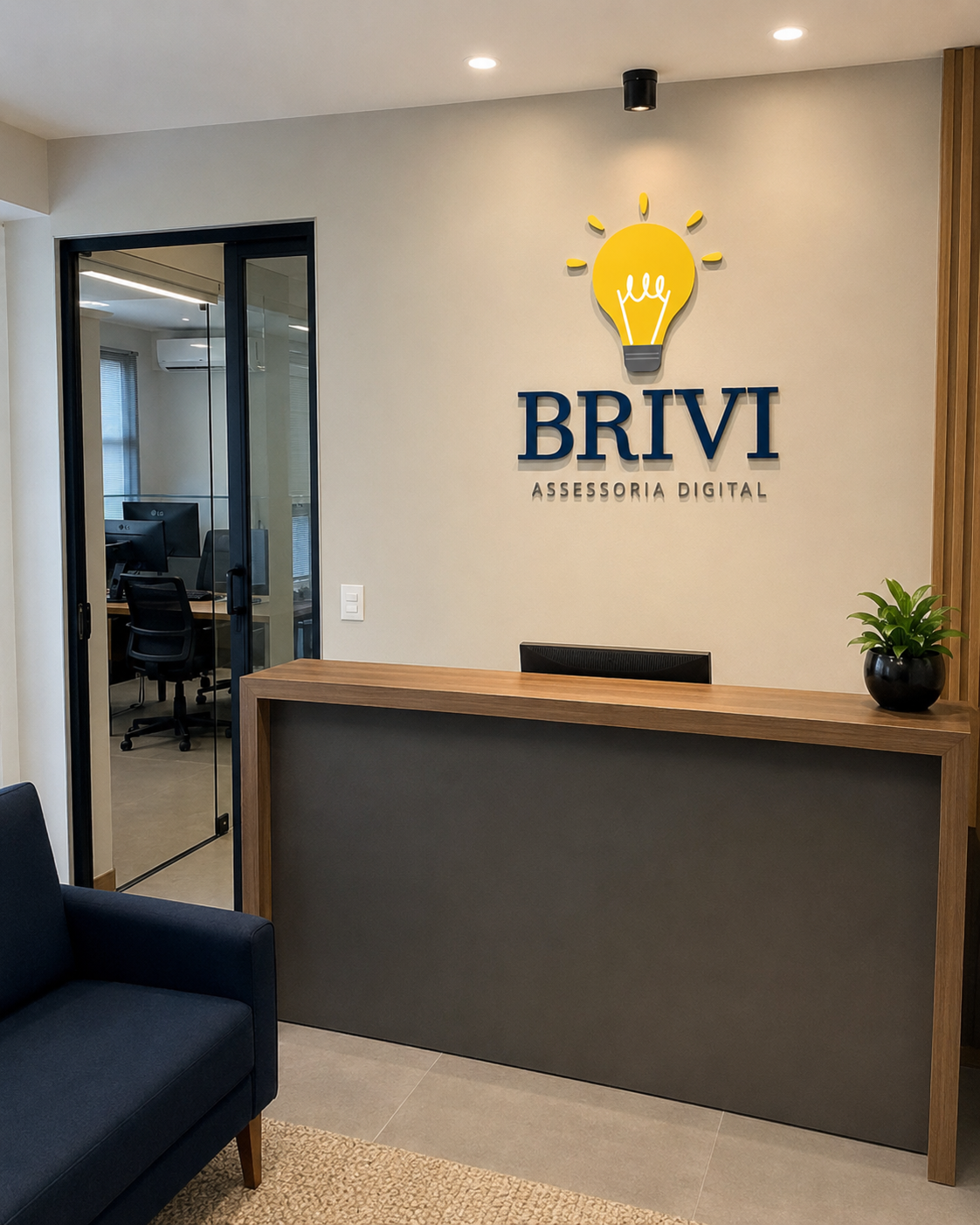Recepção da BRIVI Assessoria Digital com logo iluminado na parede